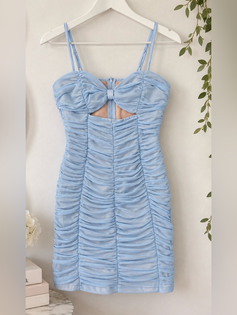 Lovesome Baby Blue Ruched Mesh Bow Mini Dress HOCO Coquette Bodycon Large